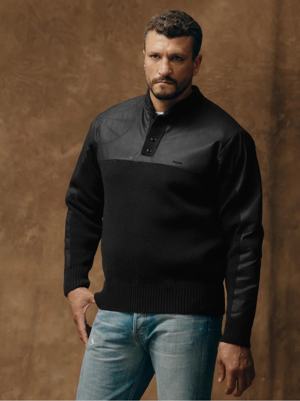 Filson Black Crewneck Pullover with Quilted Yoke